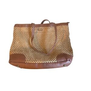 Sun N Sand Accessories Woven Straw Crochet Tote Bag Brown Faux Leather Trim